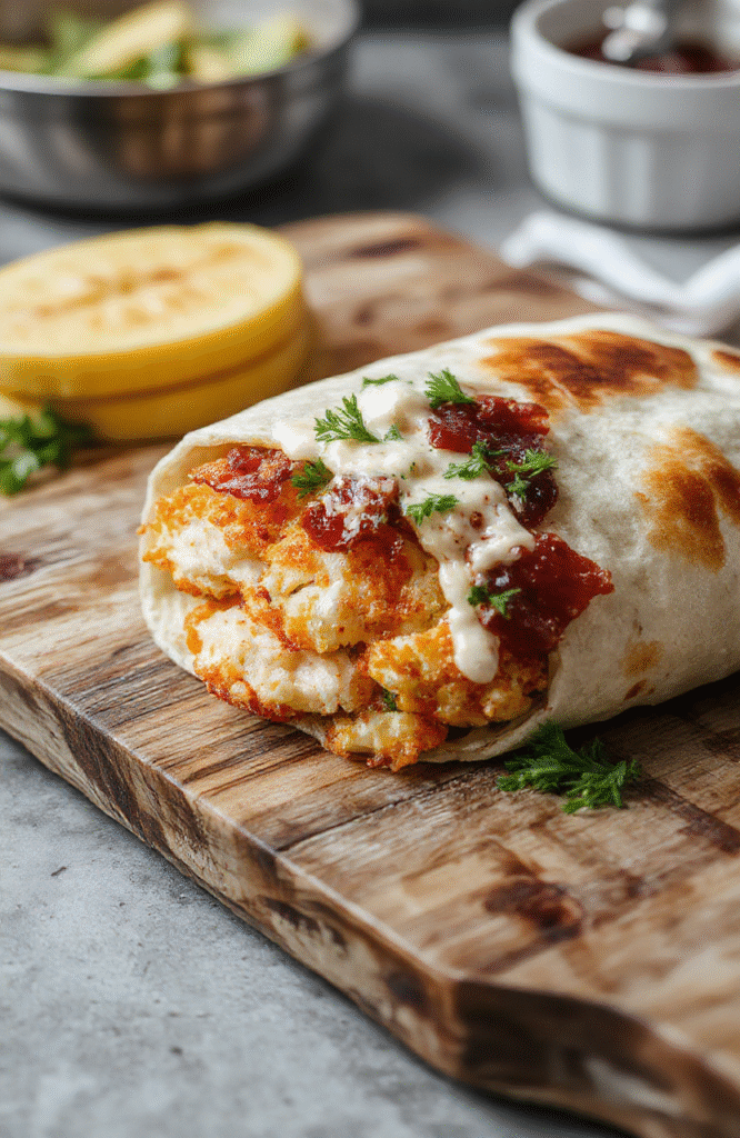 Golden-brown crispy chicken strip wrapped in a soft flour tortilla with melted cheese, crisp lettuce, thick bacon strips, and creamy ranch drizzle, served on a rustic wooden board with fresh herbs nearby.