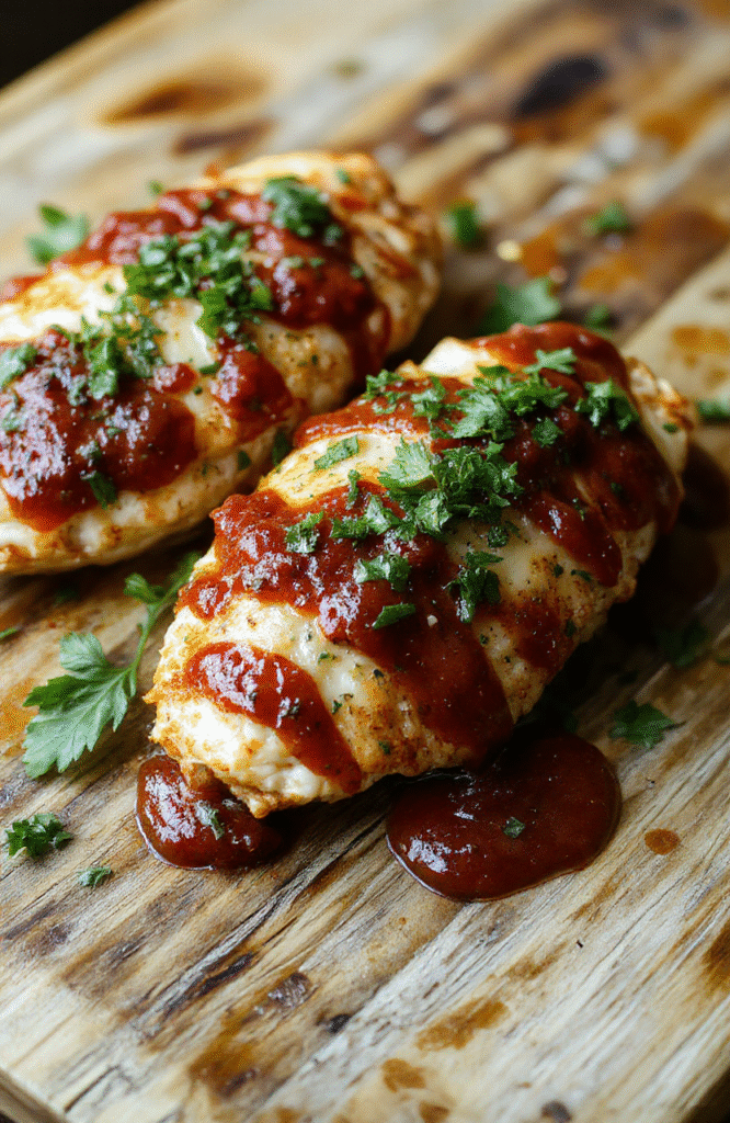 Golden-brown crispy breaded chicken cutlet topped with bubbling melted mozzarella and rich red marinara sauce, served on a bed of al dente spaghetti in a rustic ceramic bowl, garnished with fresh basil leaves and a drizzle of olive oil, on a wooden board with scattered grape tomatoes and fresh thyme sprigs.