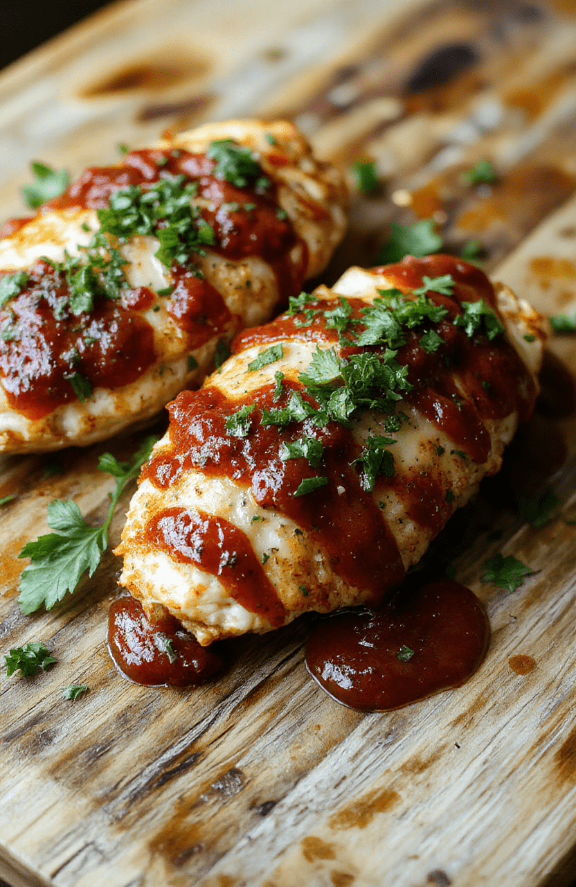 Golden-brown crispy breaded chicken cutlet topped with bubbling melted mozzarella and rich red marinara sauce, served on a bed of al dente spaghetti in a rustic ceramic bowl, garnished with fresh basil leaves and a drizzle of olive oil, on a wooden board with scattered grape tomatoes and fresh thyme sprigs.