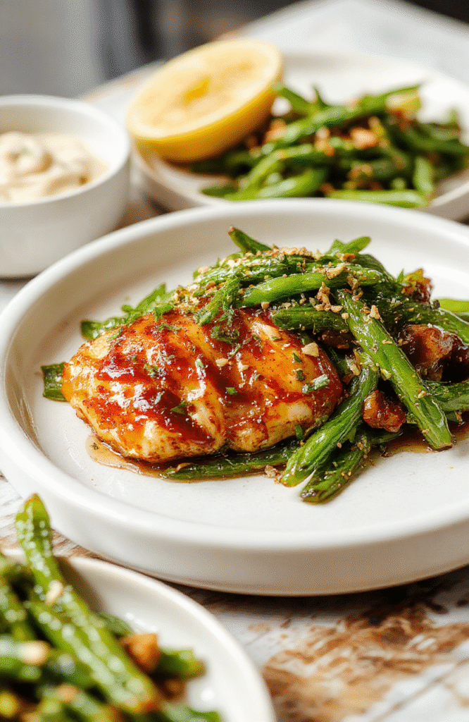 Golden-brown, glistening honey butter chicken tenders served atop a bed of vibrant green beans with garlic, drizzled with glossy sticky sauce, garnished with sesame seeds and sliced green onions, on a rustic white ceramic plate with soft natural lighting.