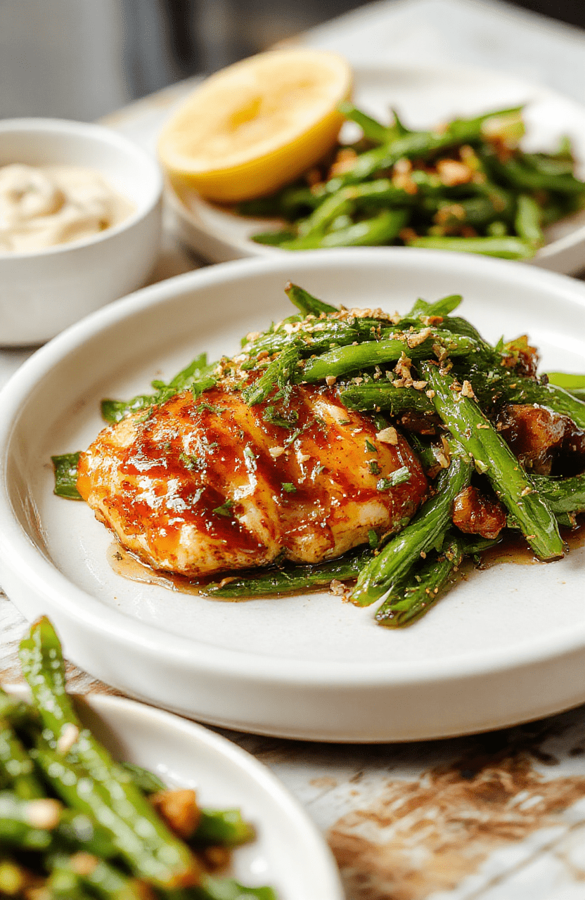Golden-brown, glistening honey butter chicken tenders served atop a bed of vibrant green beans with garlic, drizzled with glossy sticky sauce, garnished with sesame seeds and sliced green onions, on a rustic white ceramic plate with soft natural lighting.