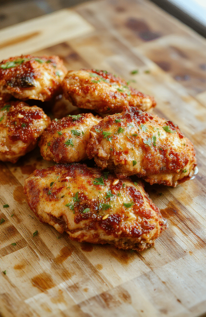 Golden-brown crispy orange chicken pieces glistening with sticky, vibrant orange glaze, served over jasmine rice with scattered sliced green onions and toasted sesame seeds on a rustic wooden board, fresh orange zest and chili flakes for pop of color