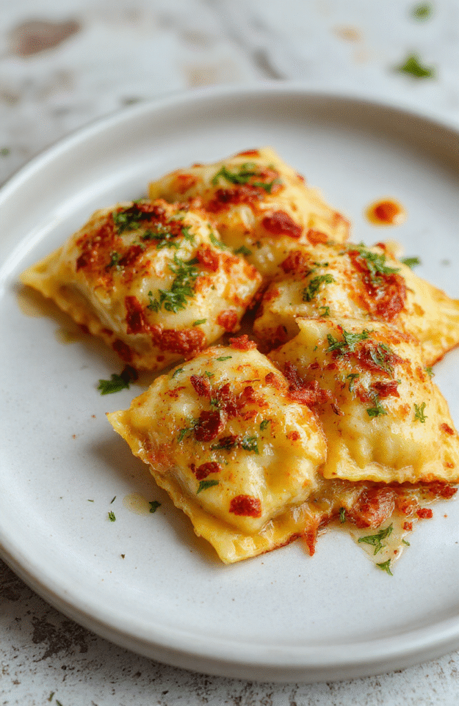 Golden-brown, perfectly crisp toasted ravioli arranged on a rustic white ceramic plate, slightly sprinkled with parsley and grated Parmesan, against a soft blurred background of rustic wood, warm lighting, and subtle steam rising.