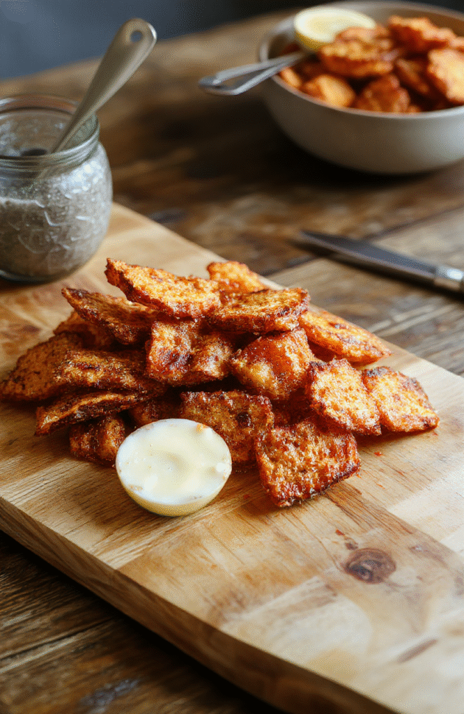 Golden-brown crispy sweet potato fries arranged in a rustic wooden bowl, lightly dusted with sea salt and fresh rosemary, served on a natural wooden cutting board with a sprinkle of paprika and a small bowl of garlic aioli on the side