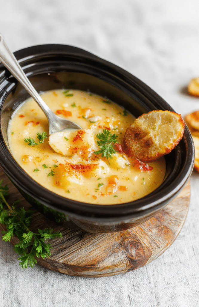 Hearty crockpot cheesy potato soup in a rustic ceramic bowl, topped with melted cheddar, crispy hashbrown bits, chives, and a drizzle of sour cream, served with crusty bread on the side, natural daylight, shallow depth of field, soft shadows.
