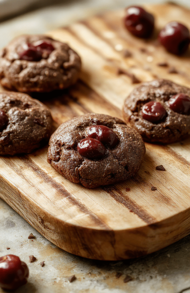 Close-up of chewy, fudgy chocolate cookies studded with glistening dried cherries and dark chocolate chunks, placed on a rustic wooden board with a dusting of powdered sugar around the edges, soft warm lighting, shallow depth of field backdrop with subtle festive holiday elements like holly and cinnamon sticks