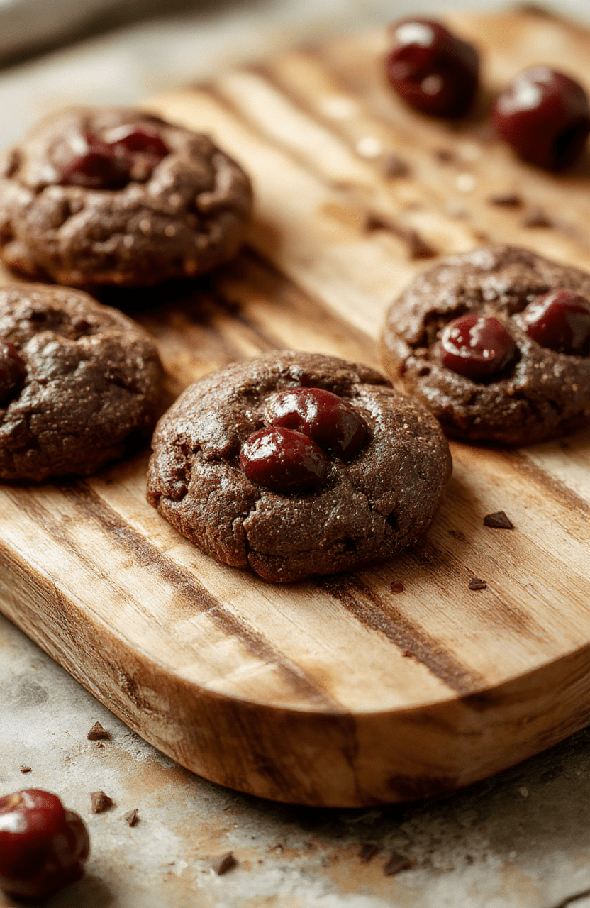 Close-up of chewy, fudgy chocolate cookies studded with glistening dried cherries and dark chocolate chunks, placed on a rustic wooden board with a dusting of powdered sugar around the edges, soft warm lighting, shallow depth of field backdrop with subtle festive holiday elements like holly and cinnamon sticks