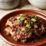 Golden-brown seared pork chops nestled in a rich, savory onion and mushroom gravy, topped with melted cheddar cheese, garnished with fresh parsley, served on a rustic ceramic plate with side of mashed potatoes and green beans, all bathed in soft natural light with shallow depth of field.