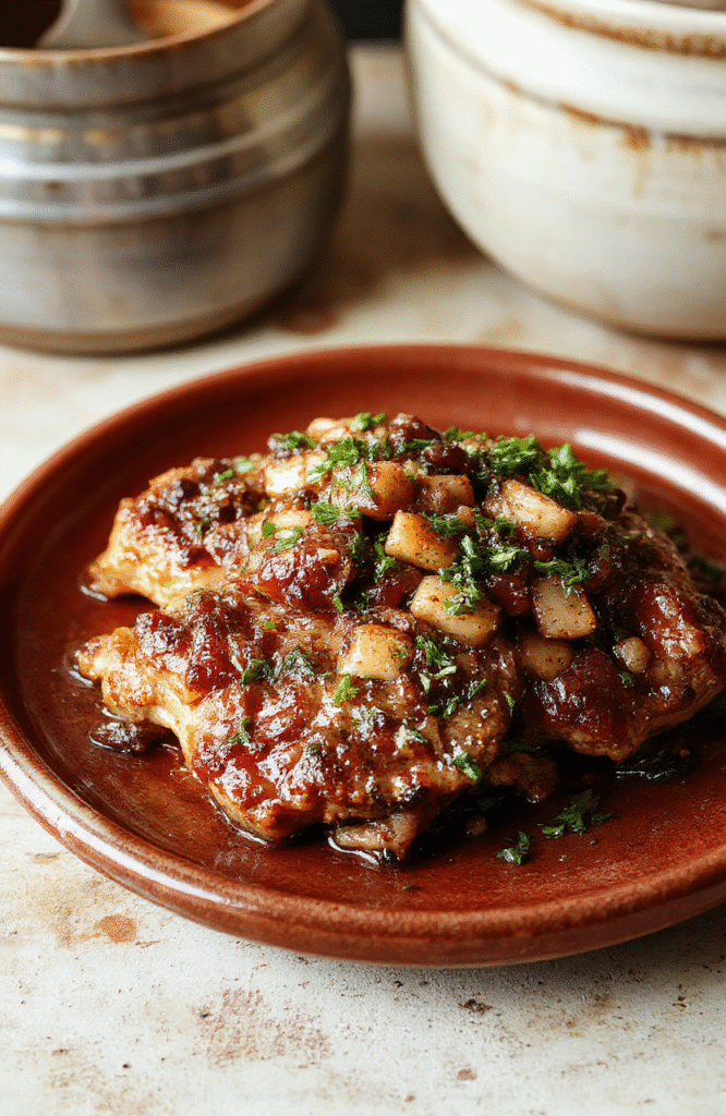 Golden-brown seared pork chops nestled in a rich, savory onion and mushroom gravy, topped with melted cheddar cheese, garnished with fresh parsley, served on a rustic ceramic plate with side of mashed potatoes and green beans, all bathed in soft natural light with shallow depth of field.