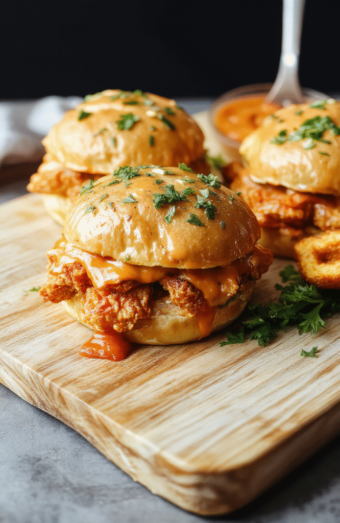 Mini chicken sliders on soft brioche buns, glazed with vibrant orange-red buffalo sauce, topped with crumbled blue cheese and fresh celery sticks, served on a rustic wooden board with a side of ranch dip in a white bowl.