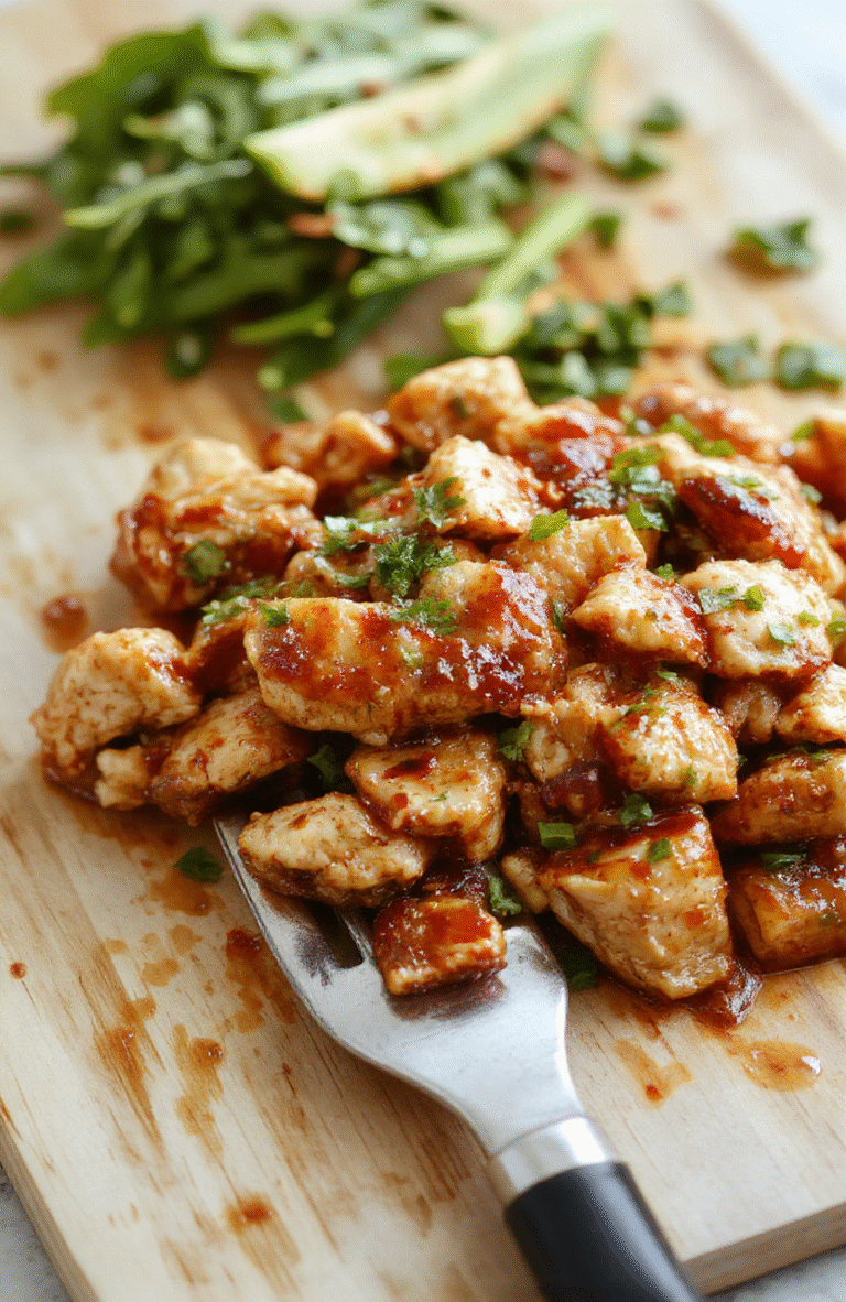 Golden-brown seared chicken strips glistening with glossy teriyaki glaze, served over fluffy white rice, topped with sesame seeds and sliced green onions, with charred broccoli florets and red bell pepper slices on the side, all on a simple white ceramic plate against a rustic wooden table.