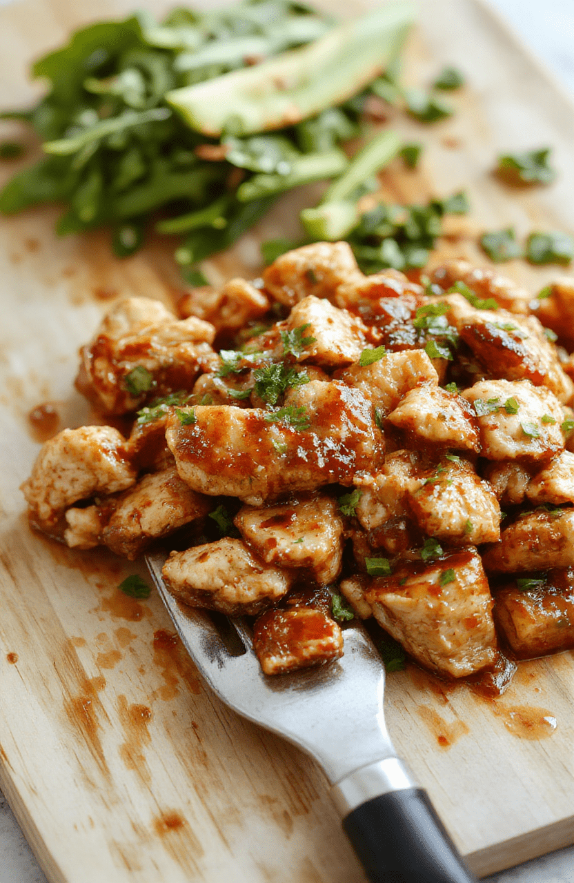 Golden-brown seared chicken strips glistening with glossy teriyaki glaze, served over fluffy white rice, topped with sesame seeds and sliced green onions, with charred broccoli florets and red bell pepper slices on the side, all on a simple white ceramic plate against a rustic wooden table.