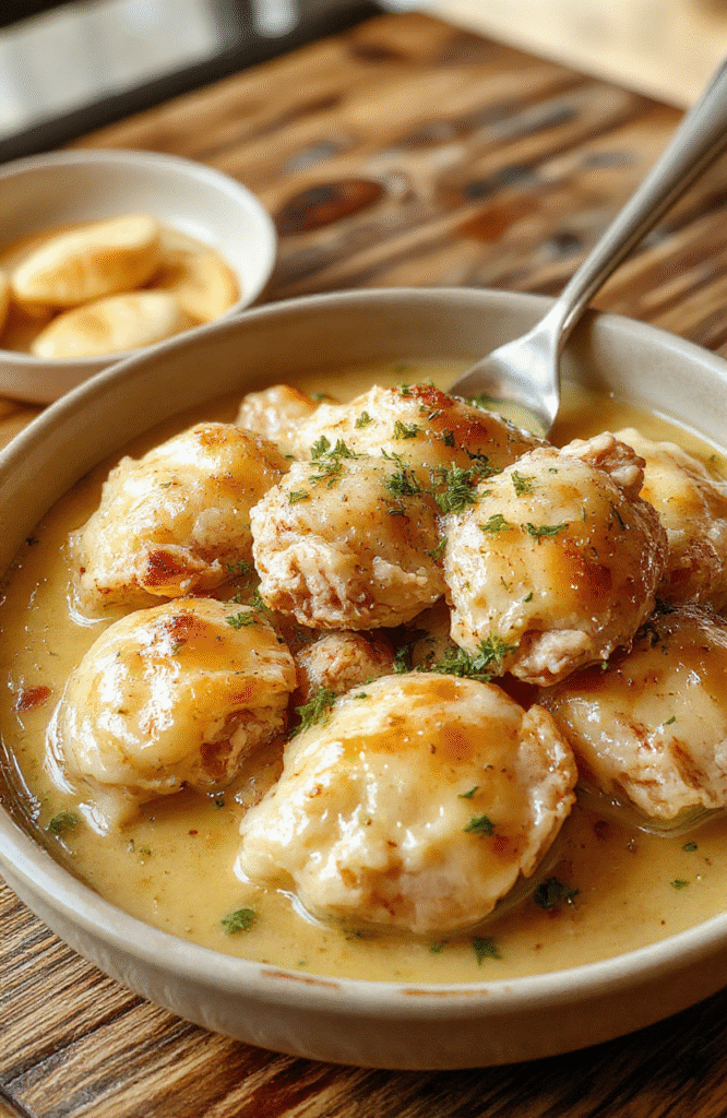 A rustic ceramic bowl filled with tender shredded chicken in a creamy white broth, topped with fluffy, pillowy dumplings golden-brown at the edges. Garnished with fresh parsley and a light dusting of black pepper, served alongside a dollop of butter. Background is a warm wooden kitchen table with soft natural light and shallow depth of field.