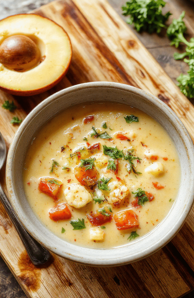 A rustic ceramic bowl filled with thick, creamy vegetable soup in creamy pale beige broth, featuring soft diced carrots, peas, celery, potatoes, and tender zucchini. A drizzle of olive oil and fresh parsley sprinkle on top. Steam rising slightly, served on a light wooden table with soft daylight.