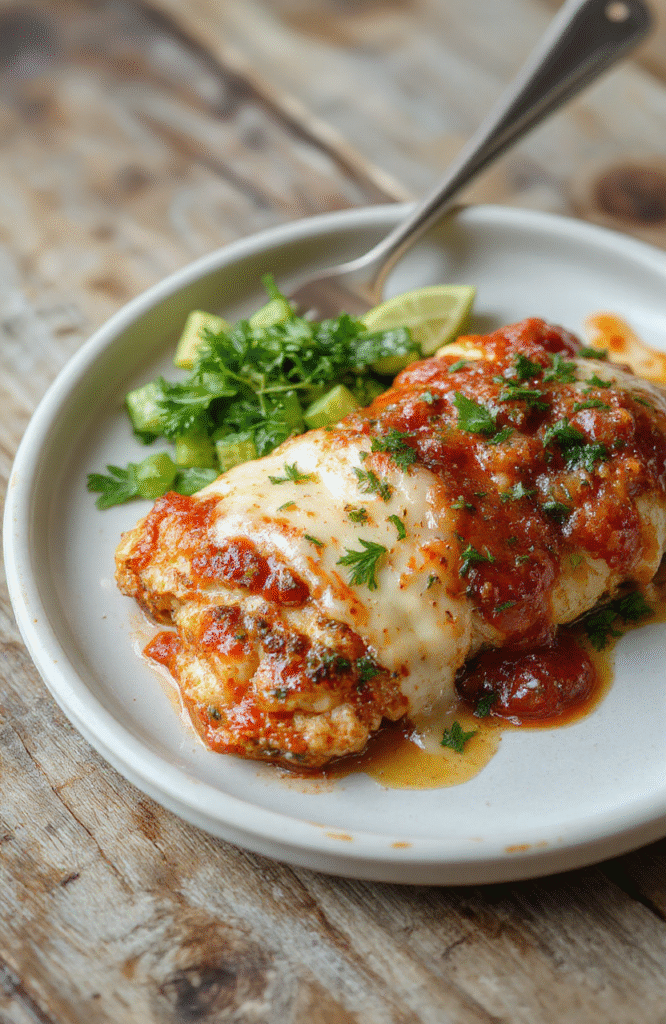 Golden-brown breaded chicken breasts topped with marinara sauce and melted mozzarella and parmesan cheese, resting on a bed of al dente spaghetti in a shallow ceramic bowl, garnished with fresh basil leaves, served in a rustic kitchen setting with natural daylight.