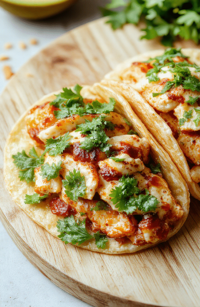 A vibrant bowl of tender shredded chicken tacos with warm corn tortillas, topped with fresh red onion, chopped cilantro, diced avocado, and a squeeze of lime; colorful pico de gallo and shredded lettuce arranged around the plate in natural daylight.