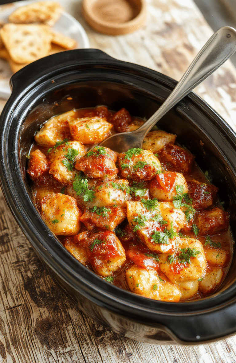 Rustic cast-iron crockpot centerpiece filled with golden-brown shredded chicken, tender carrots, and soft potatoes in a rich, savory broth, garnished with fresh parsley, set on a warm wooden table with soft natural light and shallow depth of field.