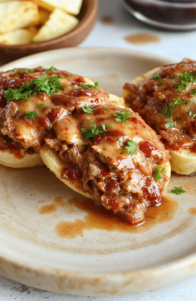 Tender slow-cooked roast beef piled high on a crusty French roll, nestled in a rustic wooden bowl with melted Swiss cheese dripping over the edges, served alongside a small ramekin of au Jus with fresh thyme sprigs and cracked black pepper on a light oak cutting board, soft natural daylight highlights the juicy texture and golden-brown crust.