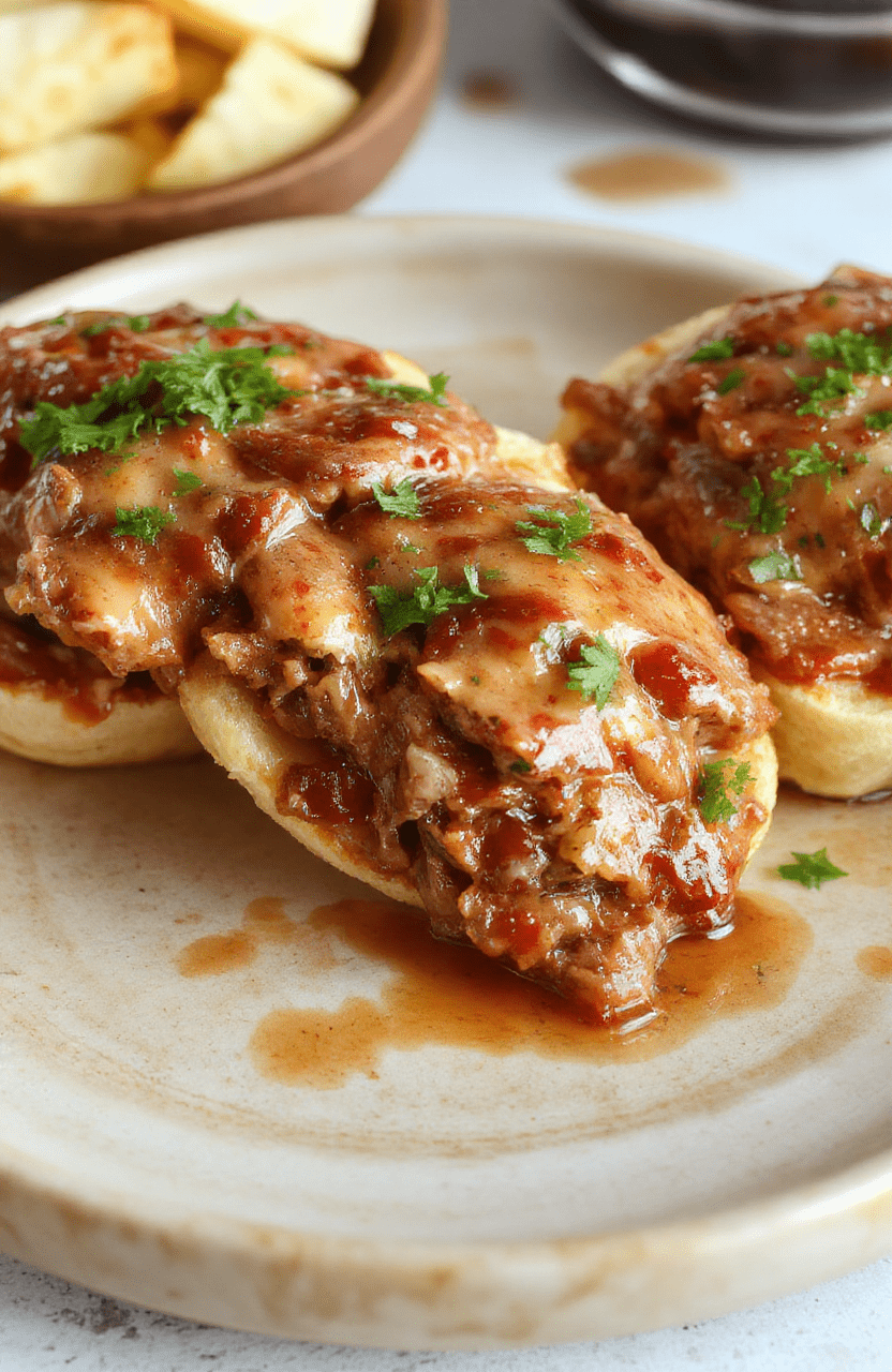 Tender slow-cooked roast beef piled high on a crusty French roll, nestled in a rustic wooden bowl with melted Swiss cheese dripping over the edges, served alongside a small ramekin of au Jus with fresh thyme sprigs and cracked black pepper on a light oak cutting board, soft natural daylight highlights the juicy texture and golden-brown crust.