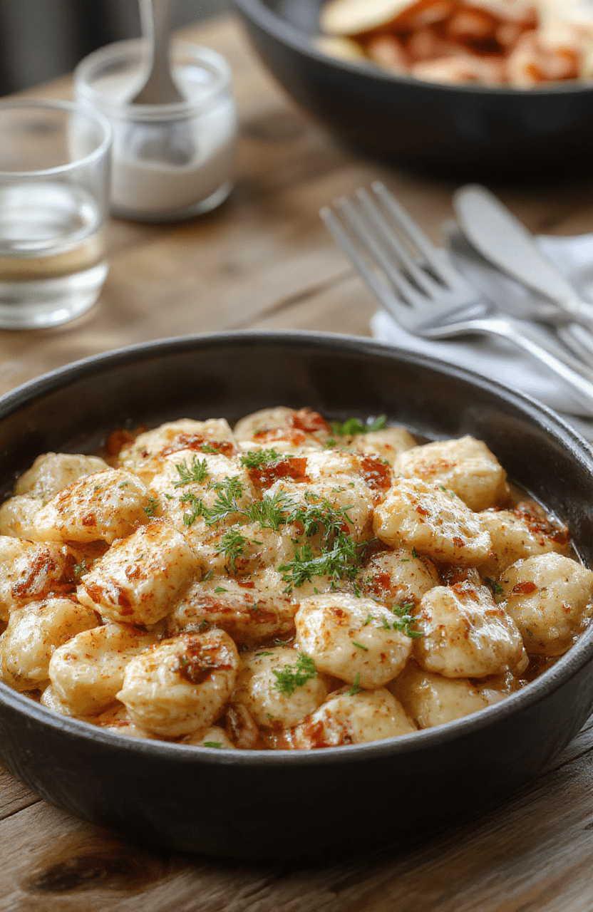 Golden-brown garlic chicken pieces and pillowy gnocchi in a creamy garlic-parmesan sauce, garnished with fresh parsley and cracked black pepper, served in a rustic cast-iron skillet on a wooden table with soft natural lighting.