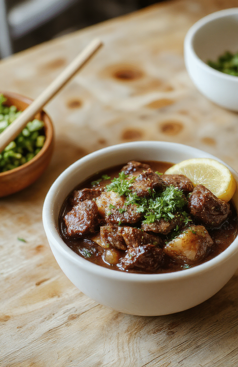 A vibrant Korean beef bowl served in a white ceramic bowl: tender glazed beef strips with ssamjang sauce, steamed jasmine rice, fresh cucumber ribbons, pickled radish slices, soft-boiled egg halves, and green onion garnish, all arranged neatly with subtle steam rising from the hot rice.