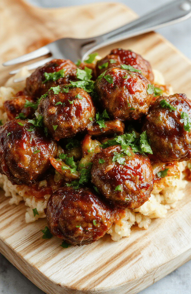 Glossy amber-brown Mongolian meatballs glazed in sweet-savory sauce, nestled over steamed white rice with toasted sesame seeds and sliced green onions scattered on top, served on a rustic wooden board with subtle steam rising