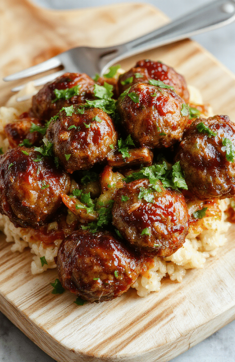 Glossy amber-brown Mongolian meatballs glazed in sweet-savory sauce, nestled over steamed white rice with toasted sesame seeds and sliced green onions scattered on top, served on a rustic wooden board with subtle steam rising