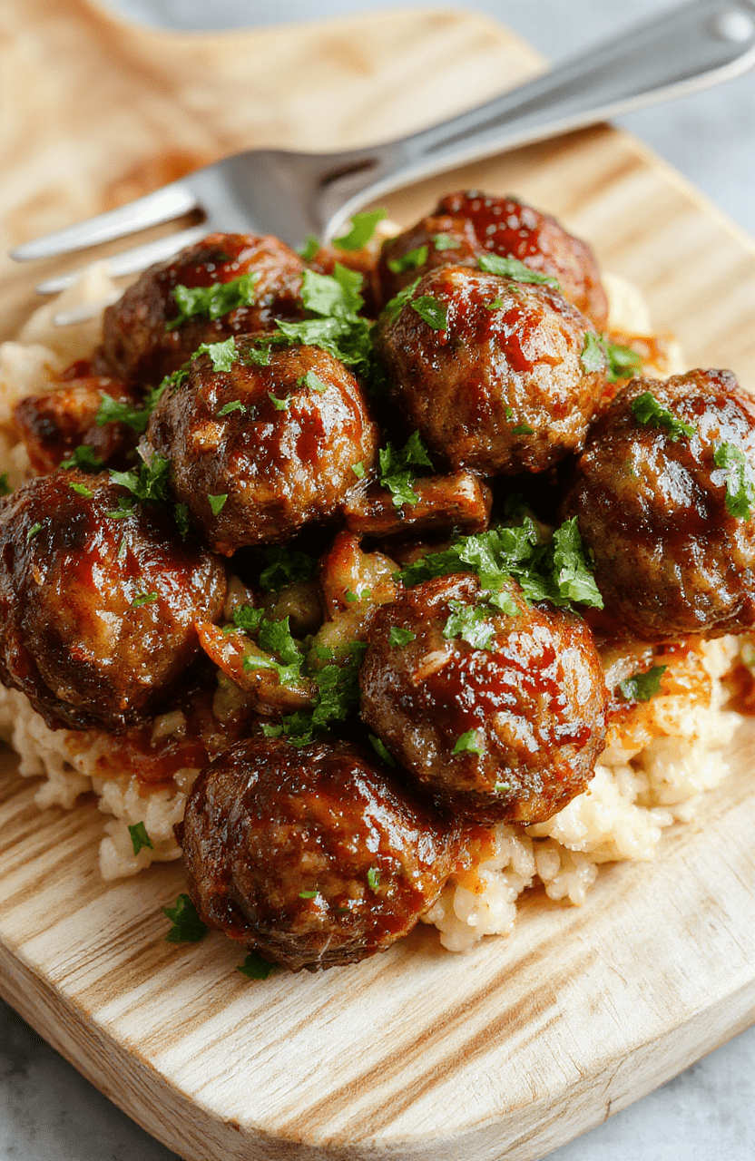 Glossy amber-brown Mongolian meatballs glazed in sweet-savory sauce, nestled over steamed white rice with toasted sesame seeds and sliced green onions scattered on top, served on a rustic wooden board with subtle steam rising