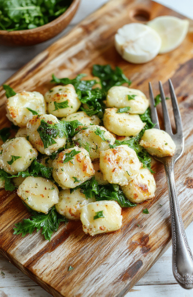 Golden-brown gnocchi potatoes pan-seared in a cast iron skillet with wilted fresh spinach, roasted garlic cloves, and a dusting of cracked black pepper and grated Parmesan cheese, served in the same pan with rustic wooden spoon and a sprinkle of red pepper flakes.