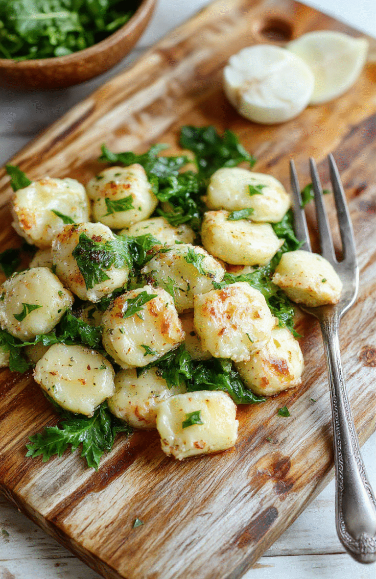 Golden-brown gnocchi potatoes pan-seared in a cast iron skillet with wilted fresh spinach, roasted garlic cloves, and a dusting of cracked black pepper and grated Parmesan cheese, served in the same pan with rustic wooden spoon and a sprinkle of red pepper flakes.