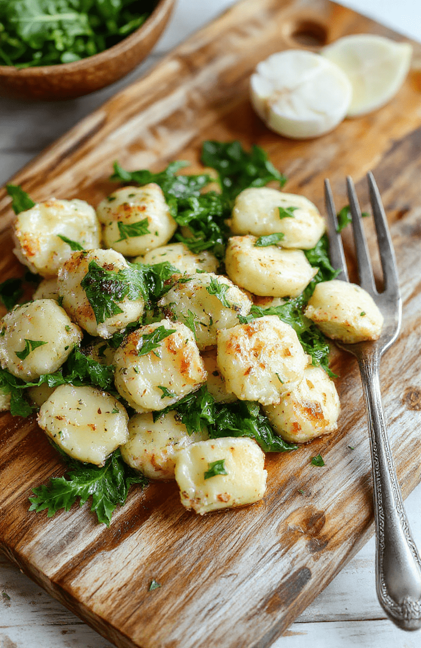 Golden-brown gnocchi potatoes pan-seared in a cast iron skillet with wilted fresh spinach, roasted garlic cloves, and a dusting of cracked black pepper and grated Parmesan cheese, served in the same pan with rustic wooden spoon and a sprinkle of red pepper flakes.