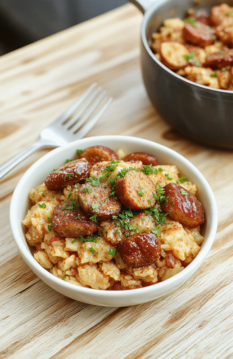 A rustic ceramic bowl holds fragrant one-pot sausage and rice: golden-brown Italian sausage slices, fluffy beige rice with flecks of parsley, caramelized onions, and reddish-brown bell pepper pieces, steaming slightly. Light background with soft shadows and natural daylight.