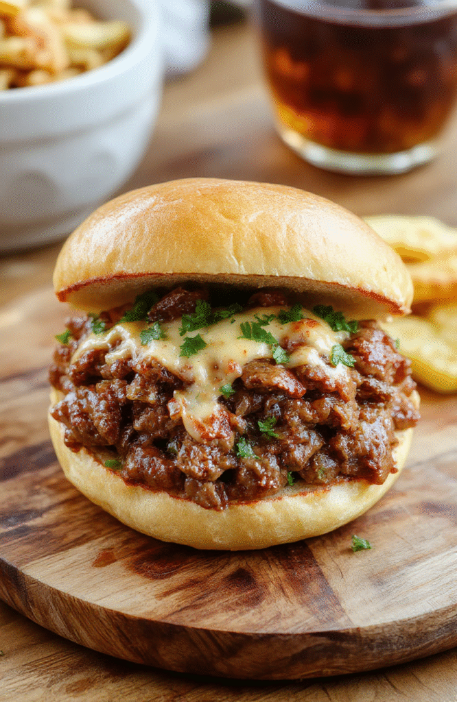 Hearty, glistening ground beef and bell pepper mixture topped with melted American cheese, served on toasted potato buns, garnished with pickles and a drizzle of ketchup, on a rustic wooden board with steam rising.