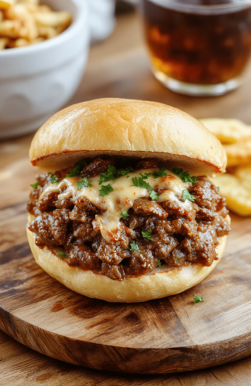 Hearty, glistening ground beef and bell pepper mixture topped with melted American cheese, served on toasted potato buns, garnished with pickles and a drizzle of ketchup, on a rustic wooden board with steam rising.