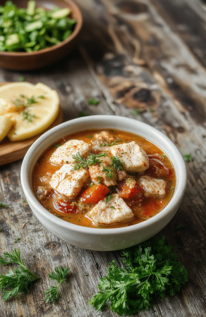 A rustic bowl of steaming slow cooker chicken stew with tender chicken pieces, golden potatoes, diced carrots, celery, and a rich brown broth, garnished with fresh parsley, served in a white ceramic bowl on a wooden table with soft natural lighting and shallow depth of field.