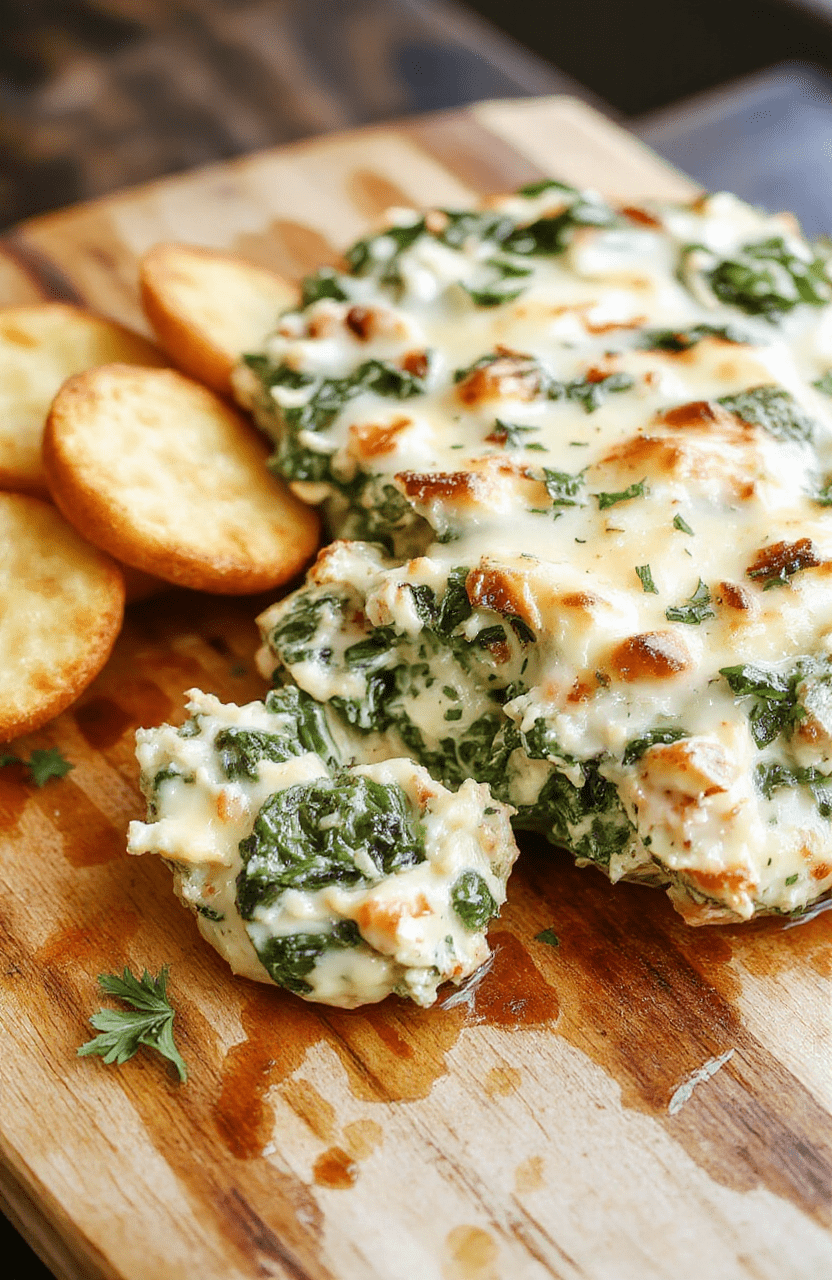 Creamy spinach artichoke dip in a rustic ceramic crockpot on a wooden table, garnished with fresh parsley and red pepper flakes, served with golden baked tortilla chips and sliced baguette on the side, steam rising subtly, soft natural daylight highlighting the melted cheese pull and vibrant green spinach
