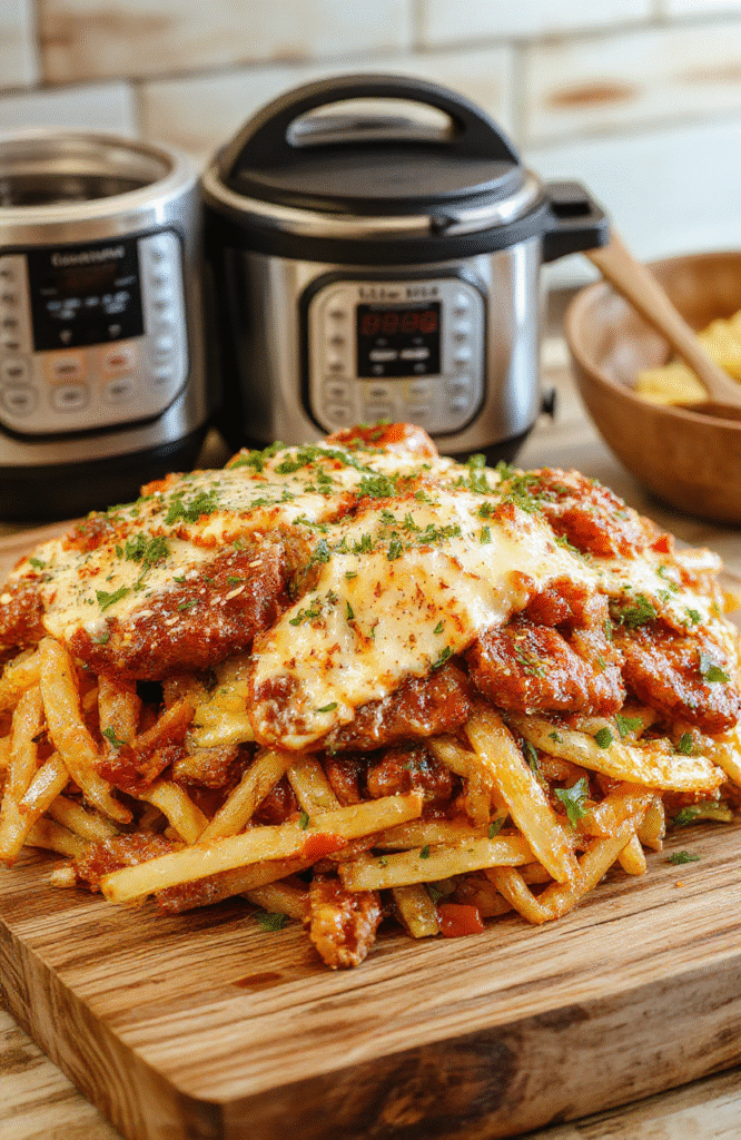 A sleek silver Instant Pot on a white countertop beside a steaming batch of garlic butter chicken and rice, with an open recipe pamphlet showing quick-cook icons and time-saving tips. Natural light highlights the glossy ceramic pot, fresh herbs, and a timer set to 15 minutes. Clean backdrop, soft shadows, iPhone-style casual composition with lower third empty for text overlay.