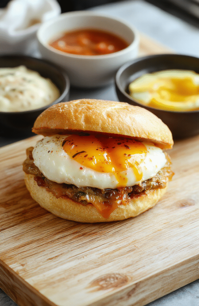 A golden-brown fluffy Japanese-style egg sandwich cut diagonally, revealing a soft, airy custard-like egg filling nestled between two slices of pale white shokupan bread, lightly toasted edges, garnished with tiny dots of fresh chives and a dusting of sesame seeds, placed on a clean rustic wooden board with a side of pickled cucumber slices and a small dish of ketchup.