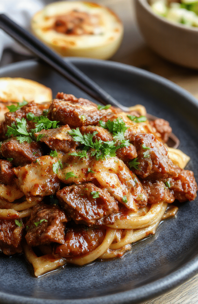 Golden-brown beef tips glistening with rich gravy, tossed with wide egg noodles in a creamy, glossy sauce, garnished with fresh parsley, on a white ceramic plate against a rustic wooden table.