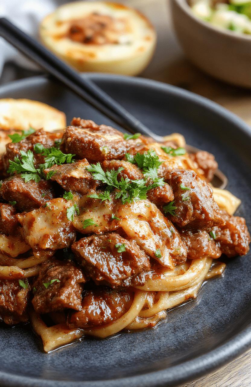 Golden-brown beef tips glistening with rich gravy, tossed with wide egg noodles in a creamy, glossy sauce, garnished with fresh parsley, on a white ceramic plate against a rustic wooden table.