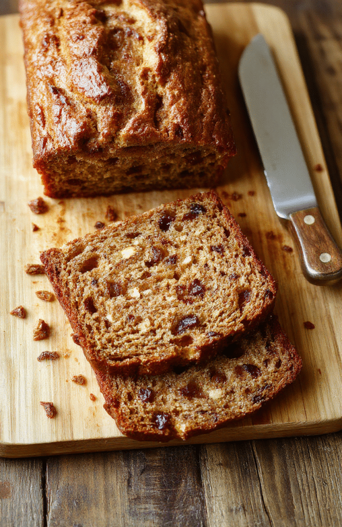 A golden-brown, slightly cracked banana bread loaf on a wire rack, dusted with powdered sugar, next to sliced ripe bananas and a flour-dusted mixing bowl with wet batter, on a warm wooden cutting board with soft natural shadows.