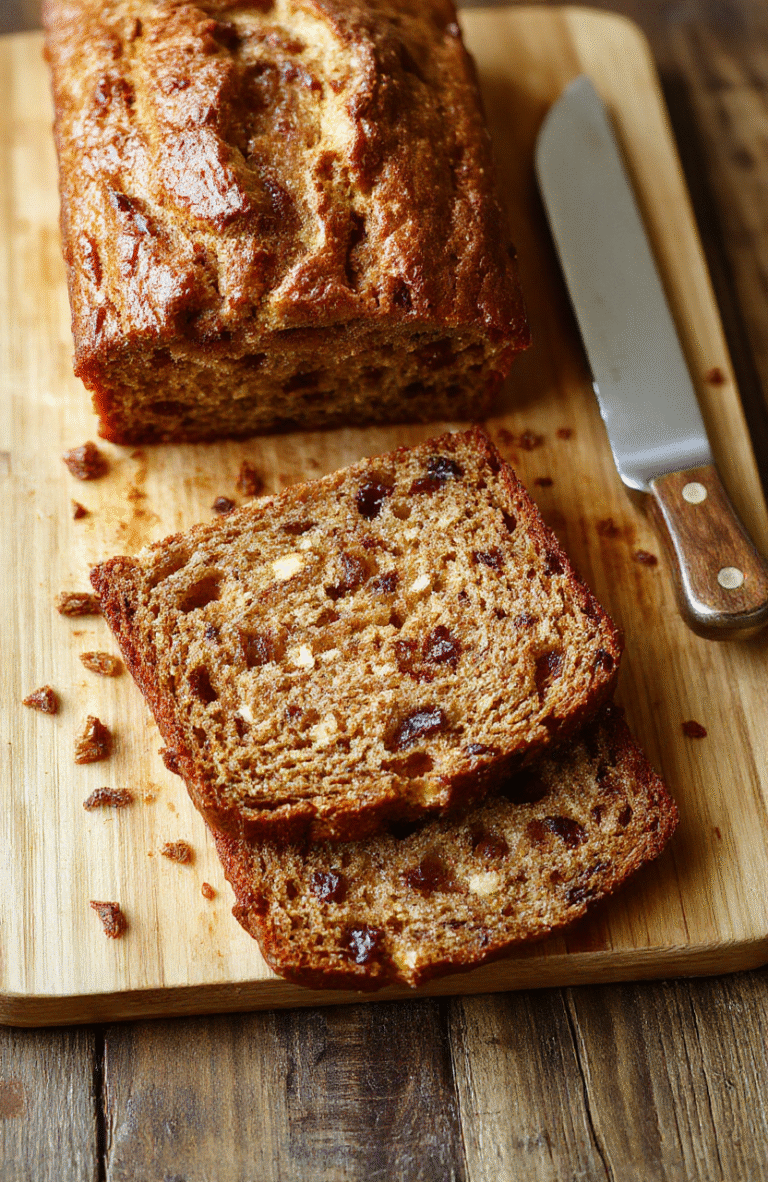 A golden-brown, slightly cracked banana bread loaf on a wire rack, dusted with powdered sugar, next to sliced ripe bananas and a flour-dusted mixing bowl with wet batter, on a warm wooden cutting board with soft natural shadows.
