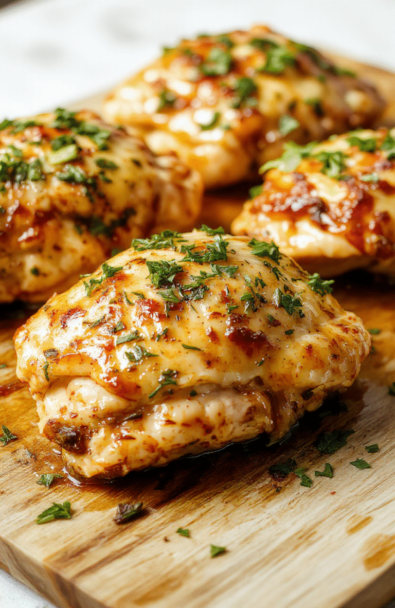 Golden-brown seared chicken thighs glistening with glossy garlic butter sauce, nestled on a rustic wooden board, garnished with fresh parsley and roasted garlic cloves, sides of lemon wedges and charred broccoli florets, all on a warm beige linen towel.
