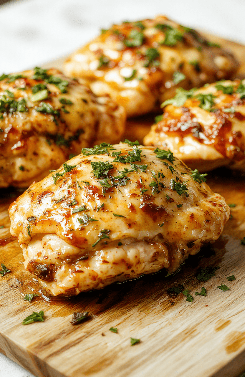 Golden-brown seared chicken thighs glistening with glossy garlic butter sauce, nestled on a rustic wooden board, garnished with fresh parsley and roasted garlic cloves, sides of lemon wedges and charred broccoli florets, all on a warm beige linen towel.