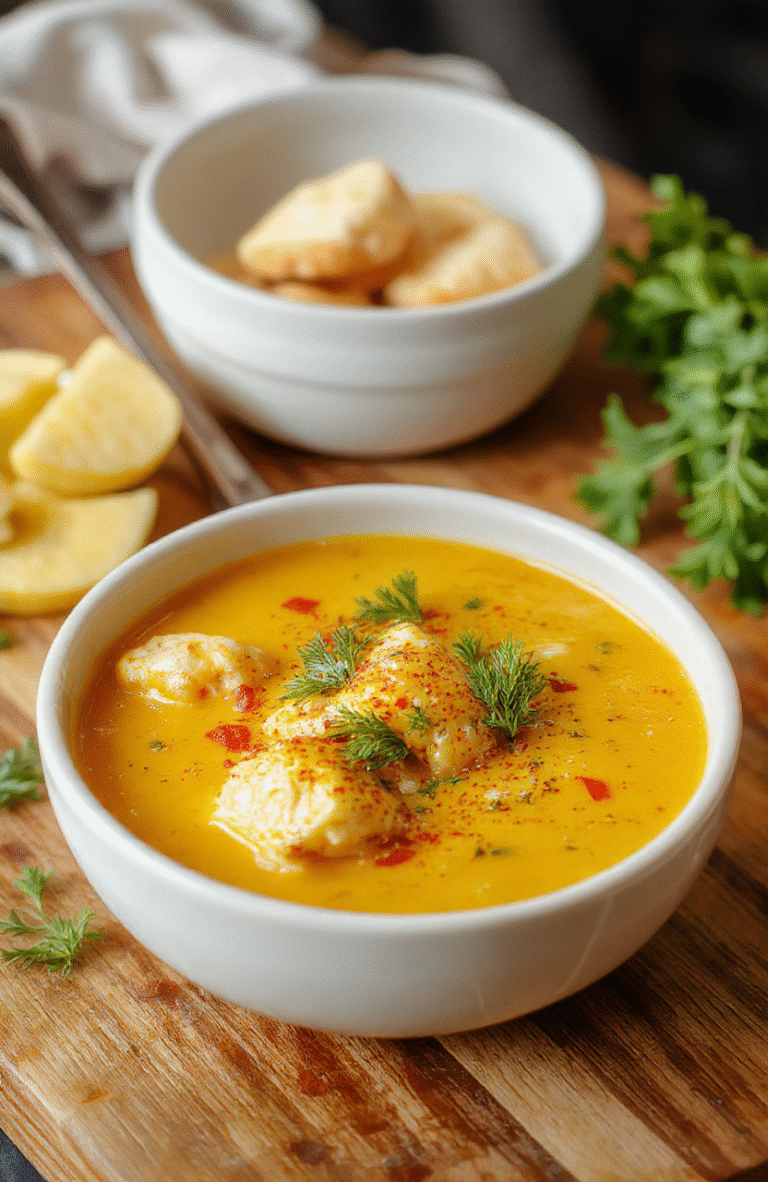 A rustic ceramic bowl of golden turmeric chicken soup with tender shredded chicken, vibrant orange broth, flecks of fresh turmeric and ginger, sautéed onions, garlic, and leafy kale, garnished with fresh cilantro and a drizzle of olive oil, steam rising in soft natural light.