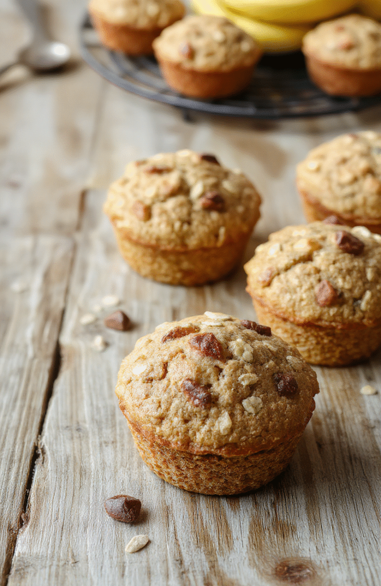 Golden-brown Healthy Banana Oatmeal Muffins with slightly domed tops and visible oat flecks, placed on a rustic wooden cutting board, garnished with sliced banana and a sprinkle of cinnamon, soft natural light, shallow depth of field background.