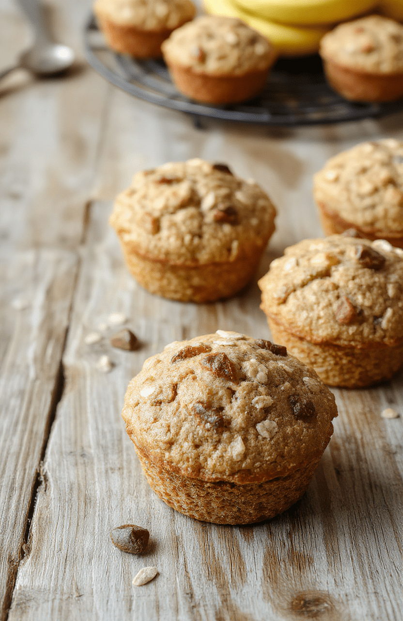 Golden-brown Healthy Banana Oatmeal Muffins with slightly domed tops and visible oat flecks, placed on a rustic wooden cutting board, garnished with sliced banana and a sprinkle of cinnamon, soft natural light, shallow depth of field background.