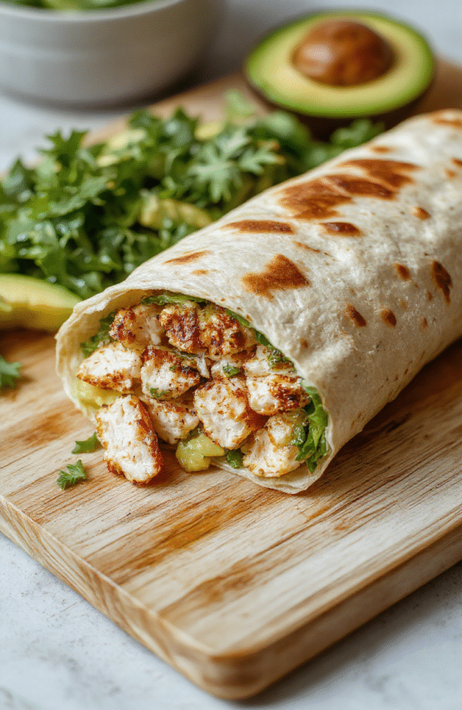 A fresh, colorful healthy chicken avocado wrap wrapped in a golden-brown whole wheat tortilla, cut diagonally to reveal vibrant layers of grilled chicken breast, creamy avocado slices, crispromaine lettuce, red onion, and cherry tomatoes, resting on a rustic wooden cutting board with a drizzle of lemon-olive oil dressing and fresh cilantro leaves scattered nearby.