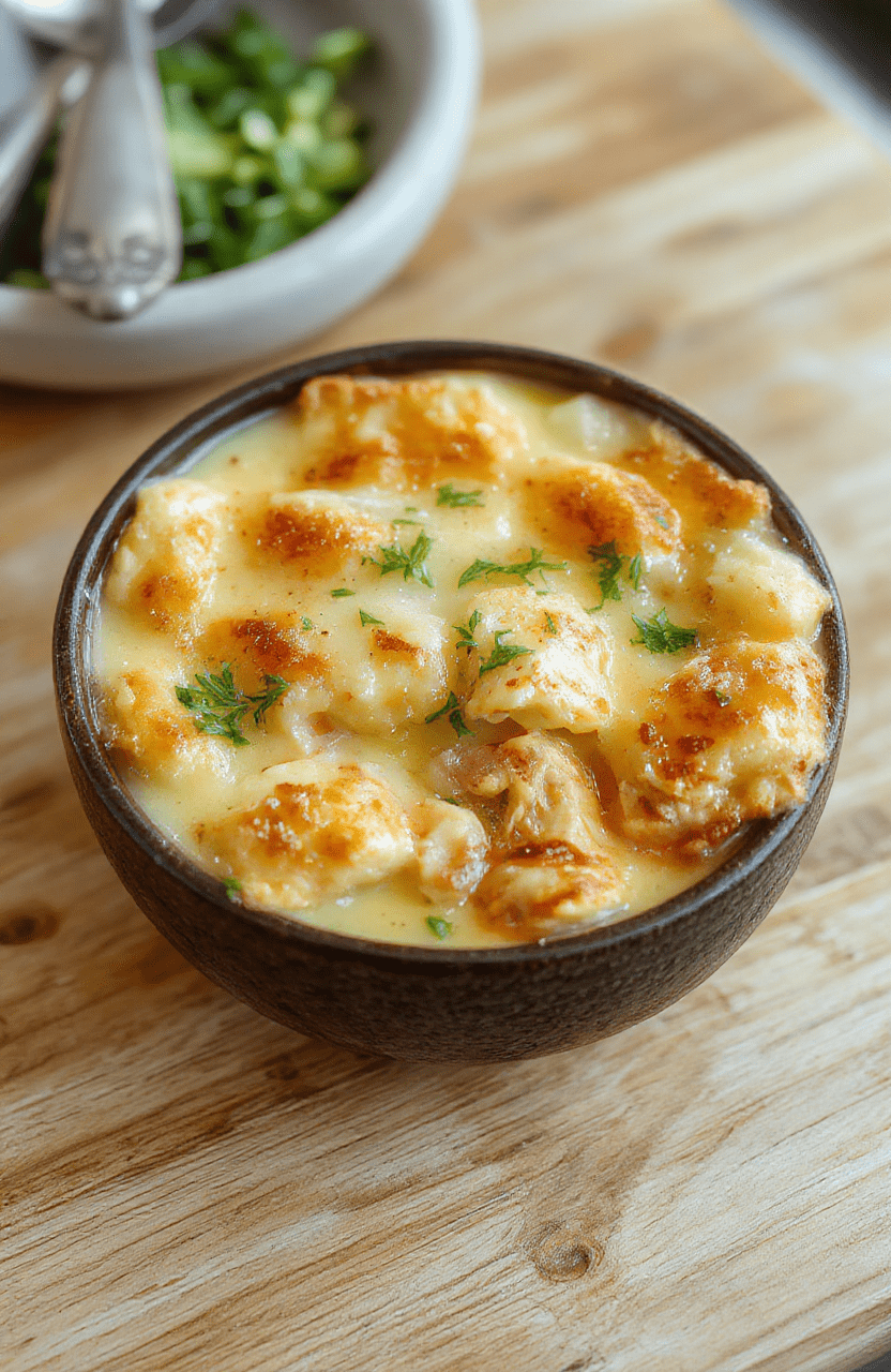 A rustic bowl of creamy healthy chicken pot pie soup topped with fresh parsley, chunks of tender chicken breast, soft carrots, peas, and diced potatoes, served in a white ceramic bowl on a light wooden table with soft natural lighting and shallow depth of field.