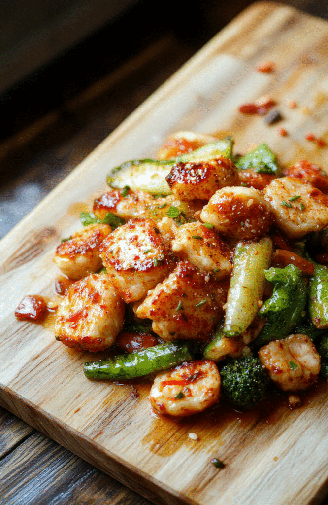 Golden-brown crispy sesame chicken pieces served over fluffy white rice with steamed broccoli and cherry tomatoes, drizzled with glossy glaze, garnished with sesame seeds and sliced green onions, on a white ceramic plate with soft shadows